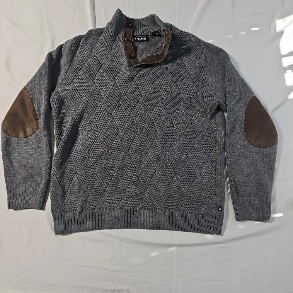 Chaps Mens Gray Pullover Sweater Mock Neck Faux Suede Trim Large